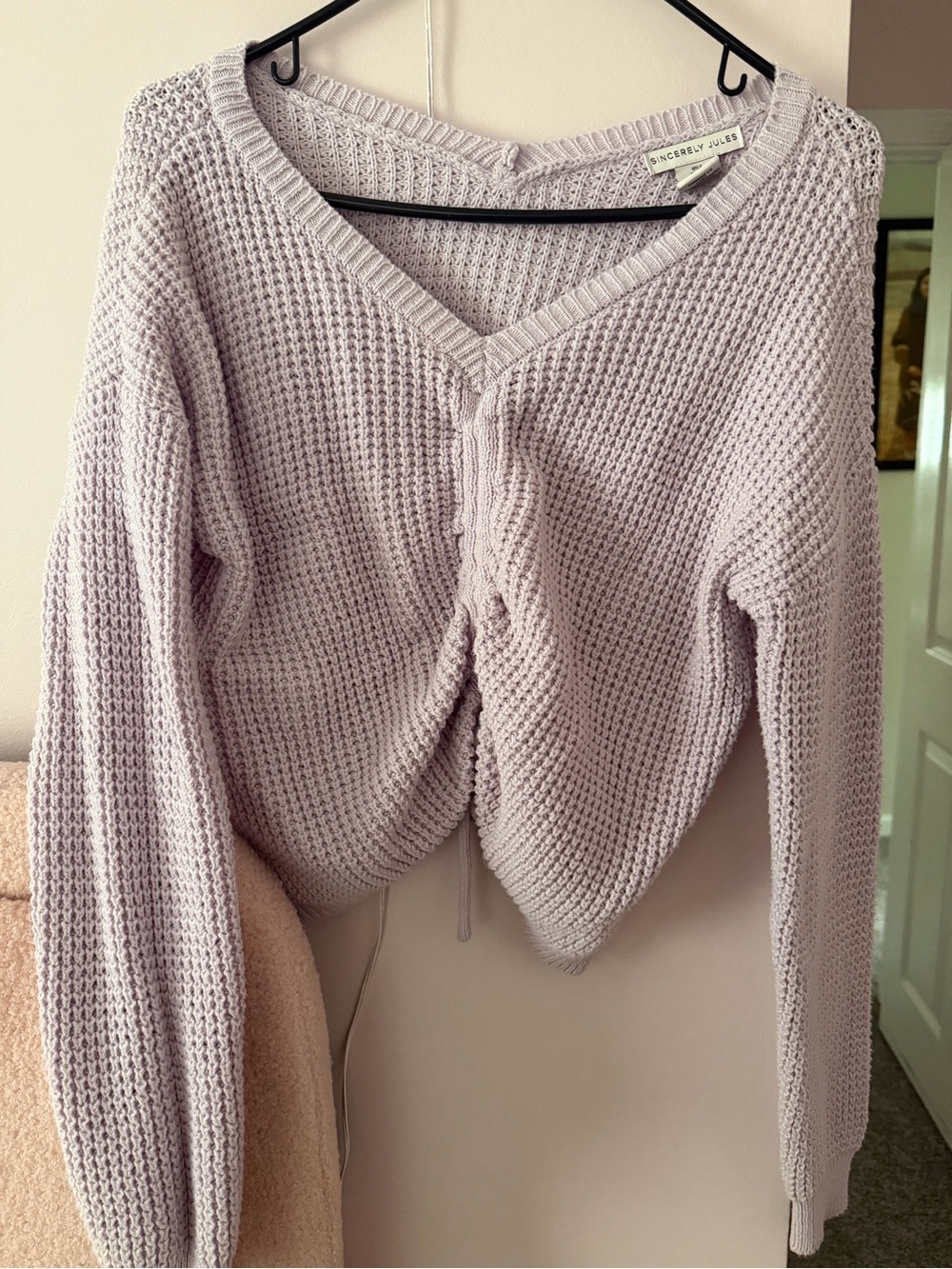 Sincerly Jules Pale Lavender V-Neck Ruched Knit Sweater